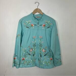 Quacker Factory Embroidered Mandarin Collar Stretch Jacket Turquoise Aqua Size M